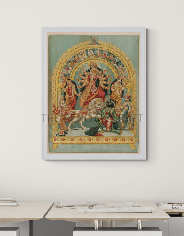 Reprint of Goddess Durga as Mahishasurmardini, in traditional Bengali style—ten-armed Durga slaying Mahishasura, flanked by Lakshmi, Saraswati, Ganesha, Kartikeya, and her lion, printed on matte paper