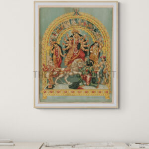 Reprint of Goddess Durga as Mahishasurmardini, in traditional Bengali style—ten-armed Durga slaying Mahishasura, flanked by Lakshmi, Saraswati, Ganesha, Kartikeya, and her lion, printed on matte paper