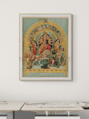 Reprint of Goddess Durga as Mahishasurmardini, in traditional Bengali style—ten-armed Durga slaying Mahishasura, flanked by Lakshmi, Saraswati, Ganesha, Kartikeya, and her lion, printed on matte paper