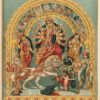 Reprint of Goddess Durga as Mahishasurmardini, in traditional Bengali style—ten-armed Durga slaying Mahishasura, flanked by Lakshmi, Saraswati, Ganesha, Kartikeya, and her lion, printed on matte paper