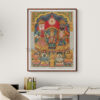 Reprint of Sri Sri Jagannath Deb with Balabhadra and Subhadra, in a traditional temple-style composition with divine figures seated below, printed on matte paper