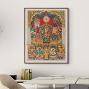 Reprint of Sri Sri Jagannath Deb with Balabhadra and Subhadra, in a traditional temple-style composition with divine figures seated below, printed on matte paper
