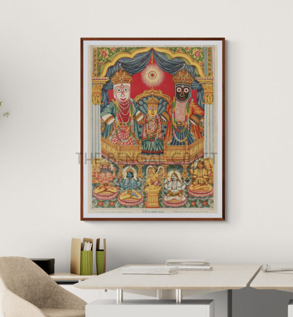 Reprint of Sri Sri Jagannath Deb with Balabhadra and Subhadra, in a traditional temple-style composition with divine figures seated below, printed on matte paper