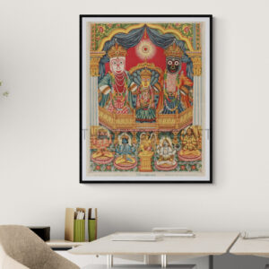 Reprint of Sri Sri Jagannath Deb with Balabhadra and Subhadra, in a traditional temple-style composition with divine figures seated below, printed on matte paper