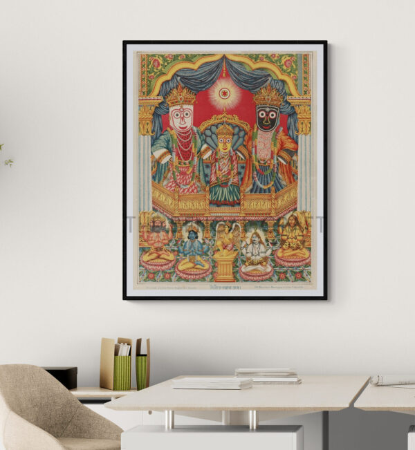 Reprint of Sri Sri Jagannath Deb with Balabhadra and Subhadra, in a traditional temple-style composition with divine figures seated below, printed on matte paper