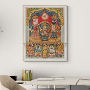 Reprint of Sri Sri Jagannath Deb with Balabhadra and Subhadra, in a traditional temple-style composition with divine figures seated below, printed on matte paper