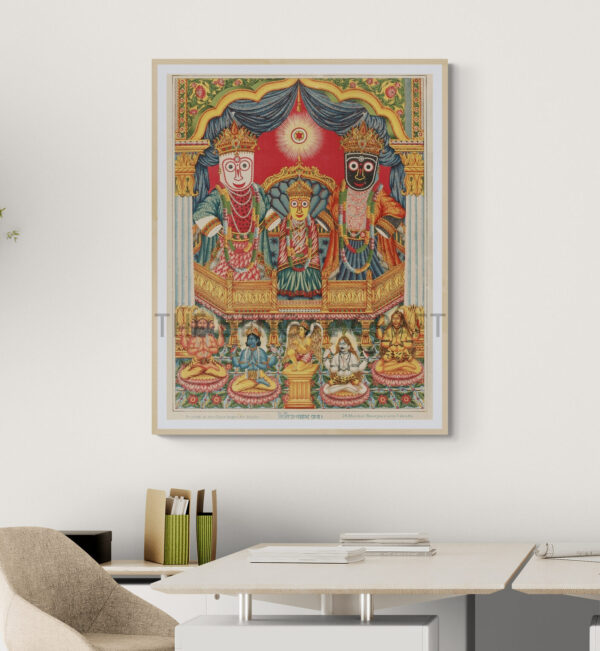 Reprint of Sri Sri Jagannath Deb with Balabhadra and Subhadra, in a traditional temple-style composition with divine figures seated below, printed on matte paper
