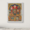 Reprint of Sri Sri Jagannath Deb with Balabhadra and Subhadra, in a traditional temple-style composition with divine figures seated below, printed on matte paper