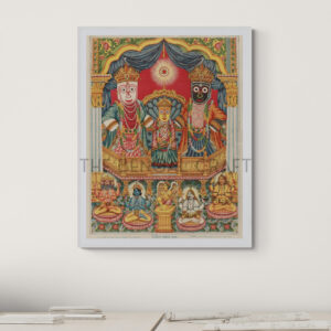 Reprint of Sri Sri Jagannath Deb with Balabhadra and Subhadra, in a traditional temple-style composition with divine figures seated below, printed on matte paper