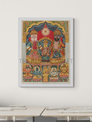 Reprint of Sri Sri Jagannath Deb with Balabhadra and Subhadra, in a traditional temple-style composition with divine figures seated below, printed on matte paper