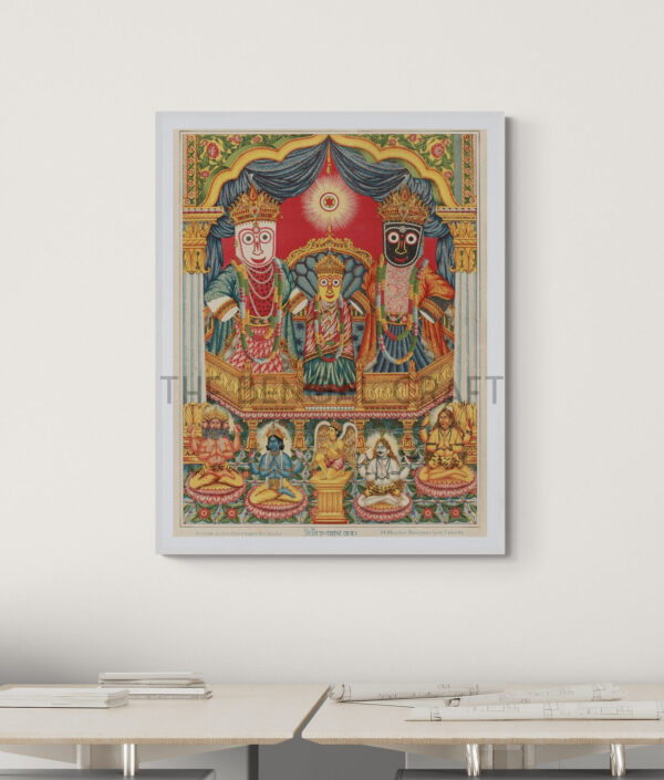 Reprint of Sri Sri Jagannath Deb with Balabhadra and Subhadra, in a traditional temple-style composition with divine figures seated below, printed on matte paper