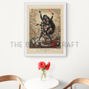 Reprint of Kali as Mundamala Dharini, standing on Shiva, with a garland of severed heads, battlefield background, printed on matte paper.