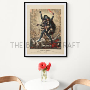 Reprint of Kali as Mundamala Dharini, standing on Shiva, with a garland of severed heads, battlefield background, printed on matte paper