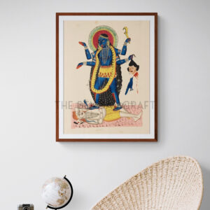 Reprint of Maa Kali in Kalighat style, standing on Shiva, holding a severed head and sword, printed on matte paper.