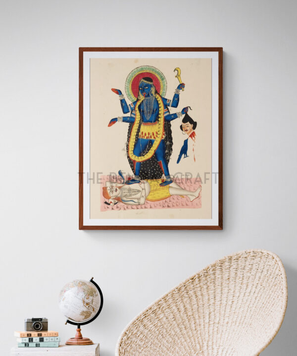 Reprint of Maa Kali in Kalighat style, standing on Shiva, holding a severed head and sword, printed on matte paper.