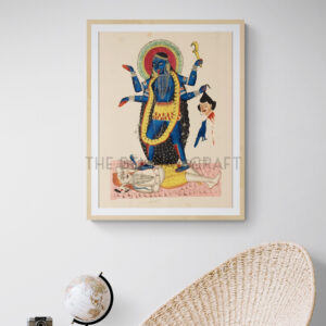 Reprint of Maa Kali in Kalighat style, standing on Shiva, holding a severed head and sword, printed on matte paper.