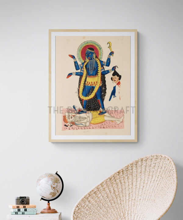 Reprint of Maa Kali in Kalighat style, standing on Shiva, holding a severed head and sword, printed on matte paper.