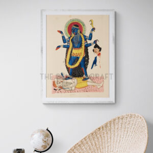 Reprint of Maa Kali in Kalighat style, standing on Shiva, holding a severed head and sword, printed on matte paper.
