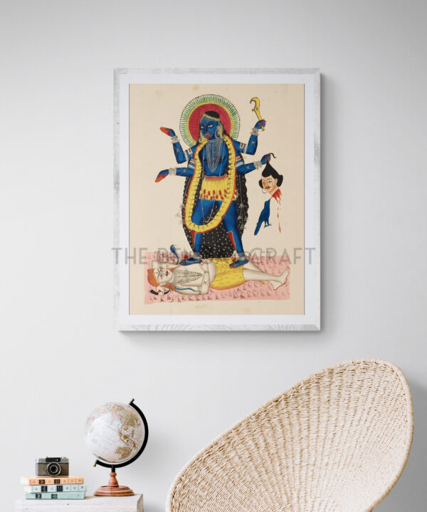 Reprint of Maa Kali in Kalighat style, standing on Shiva, holding a severed head and sword, printed on matte paper.
