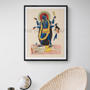 Reprint of Maa Kali in Kalighat style, standing on Shiva, holding a severed head and sword, printed on matte paper.