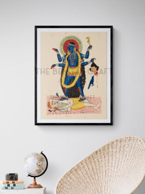 Reprint of Maa Kali in Kalighat style, standing on Shiva, holding a severed head and sword, printed on matte paper.