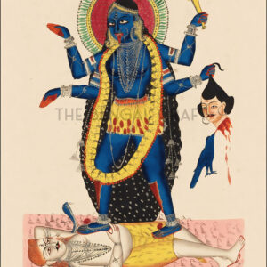 Reprint of Maa Kali in Kalighat style, standing on Shiva, holding a severed head and sword, printed on matte paper.