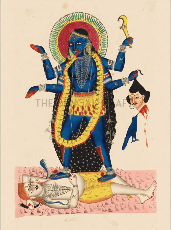 Reprint of Maa Kali in Kalighat style, standing on Shiva, holding a severed head and sword, printed on matte paper.