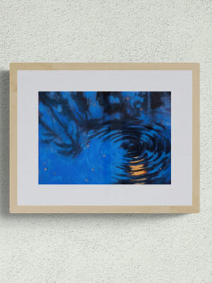 Dry pastel painting of moonlight reflected on rippling blue water, in an abstract circular form with amber highlights, by Saikat Mondal.
