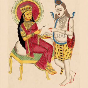 Kalighat-style reprint of Parvati feeding Shiva, in a quiet domestic scene with folk detailing, printed on matte paper