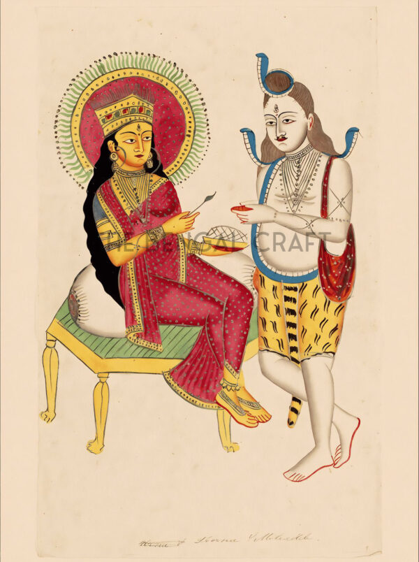 Kalighat-style reprint of Parvati feeding Shiva, in a quiet domestic scene with folk detailing, printed on matte paper