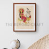Kalighat-style reprint of Parvati feeding Shiva, in a quiet domestic scene with folk detailing, printed on matte paper