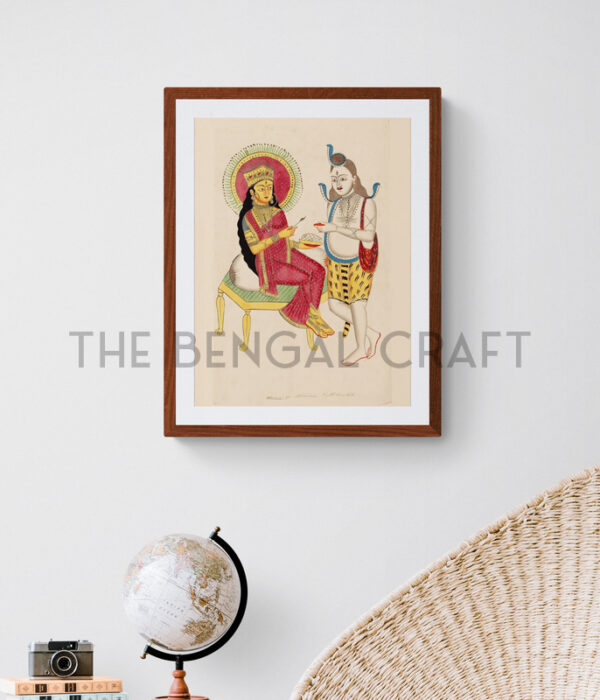 Kalighat-style reprint of Parvati feeding Shiva, in a quiet domestic scene with folk detailing, printed on matte paper