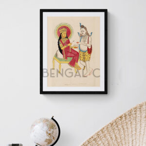 Kalighat-style reprint of Parvati feeding Shiva, in a quiet domestic scene with folk detailing, printed on matte paper