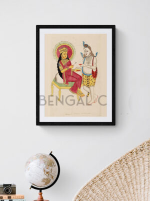 Kalighat-style reprint of Parvati feeding Shiva, in a quiet domestic scene with folk detailing, printed on matte paper