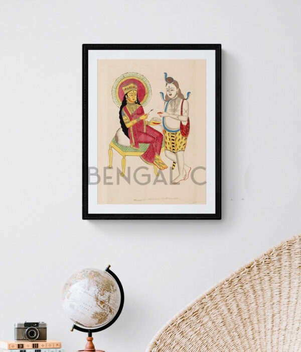 Kalighat-style reprint of Parvati feeding Shiva, in a quiet domestic scene with folk detailing, printed on matte paper
