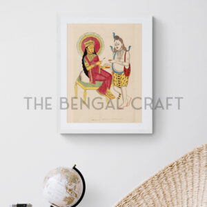 Kalighat-style reprint of Parvati feeding Shiva, in a quiet domestic scene with folk detailing, printed on matte paper