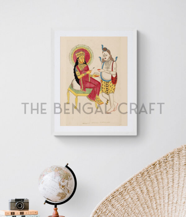 Kalighat-style reprint of Parvati feeding Shiva, in a quiet domestic scene with folk detailing, printed on matte paper