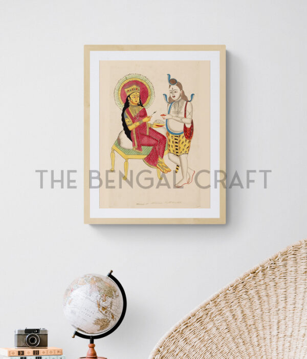 Kalighat-style reprint of Parvati feeding Shiva, in a quiet domestic scene with folk detailing, printed on matte paper