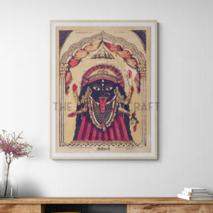 Vintage-style reprint of Shri Shri Kali in Kalighat lithograph style, with red and black drapery, eight arms, and divine symbols, printed on matte paper