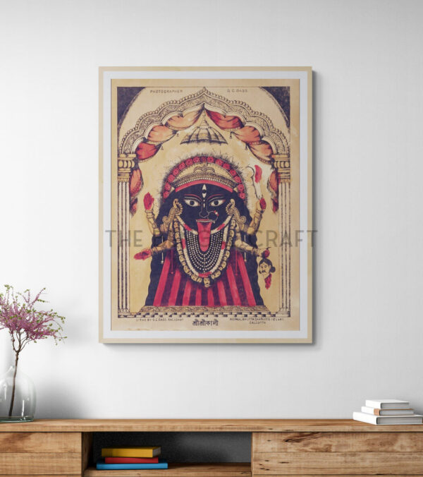 Vintage-style reprint of Shri Shri Kali in Kalighat lithograph style, with red and black drapery, eight arms, and divine symbols, printed on matte paper