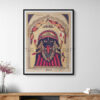 Vintage-style reprint of Shri Shri Kali in Kalighat lithograph style, with red and black drapery, eight arms, and divine symbols, printed on matte paper