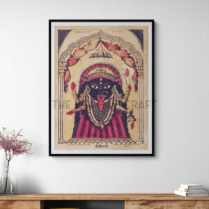 Vintage-style reprint of Shri Shri Kali in Kalighat lithograph style, with red and black drapery, eight arms, and divine symbols, printed on matte paper