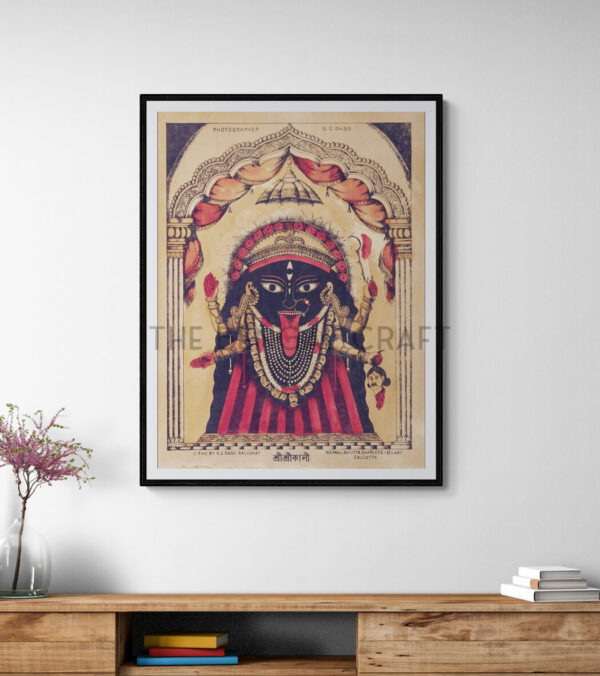 Vintage-style reprint of Shri Shri Kali in Kalighat lithograph style, with red and black drapery, eight arms, and divine symbols, printed on matte paper