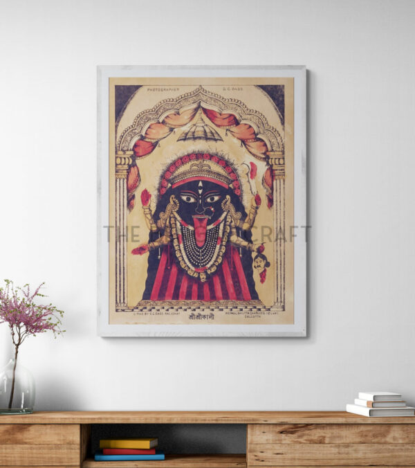 Vintage-style reprint of Shri Shri Kali in Kalighat lithograph style, with red and black drapery, eight arms, and divine symbols, printed on matte paper