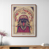 Vintage-style reprint of Shri Shri Kali in Kalighat lithograph style, with red and black drapery, eight arms, and divine symbols, printed on matte paper