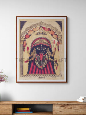 Vintage-style reprint of Shri Shri Kali in Kalighat lithograph style, with red and black drapery, eight arms, and divine symbols, printed on matte paper