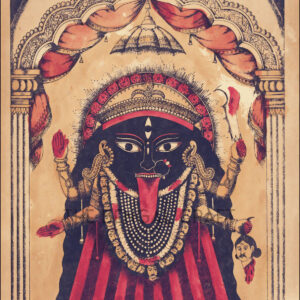 Vintage-style reprint of Shri Shri Kali in Kalighat lithograph style, with red and black drapery, eight arms, and divine symbols, printed on matte paper