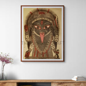 Reprint of Kali woodcut attributed to Sri Nrityalal Dutta, featuring intense black-red style and symbolic elements, printed on matte paper