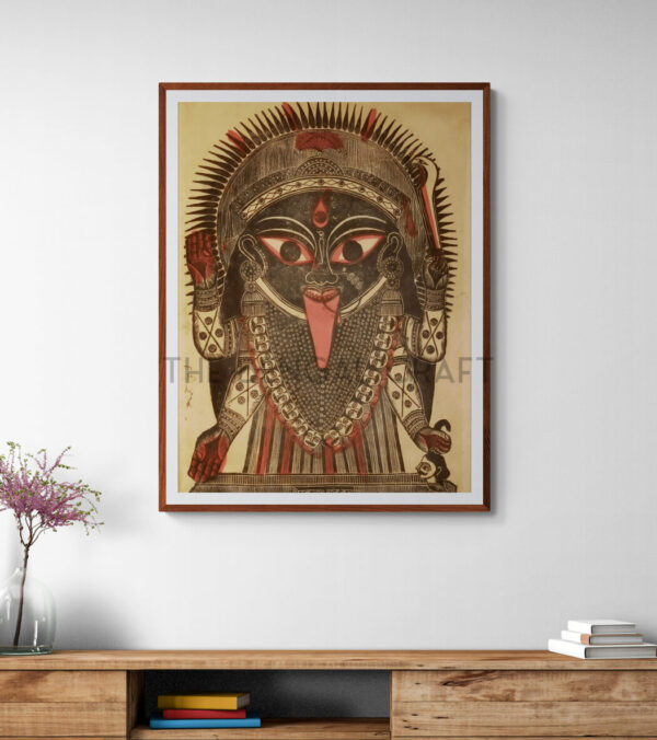 Reprint of Kali woodcut attributed to Sri Nrityalal Dutta, featuring intense black-red style and symbolic elements, printed on matte paper
