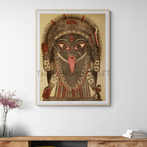 Reprint of Kali woodcut attributed to Sri Nrityalal Dutta, featuring intense black-red style and symbolic elements, printed on matte paper